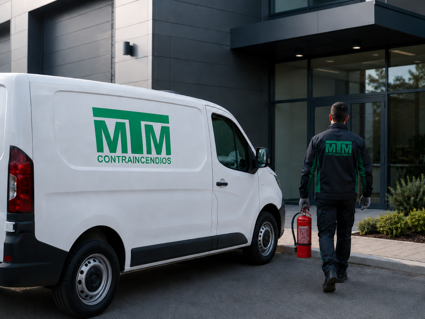 Técnico de MTM Contraincendios transportando un extintor para realizar un servicio